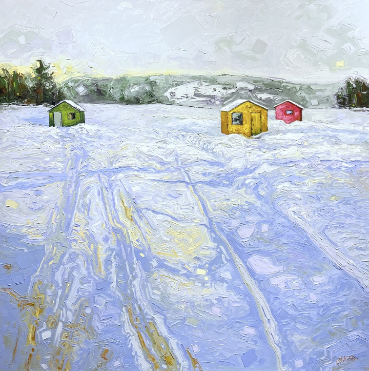Impressionistic painting of an Ontario lake frozen over in winter. Several ice huts dot the lake — one red, one green, and one yellow.