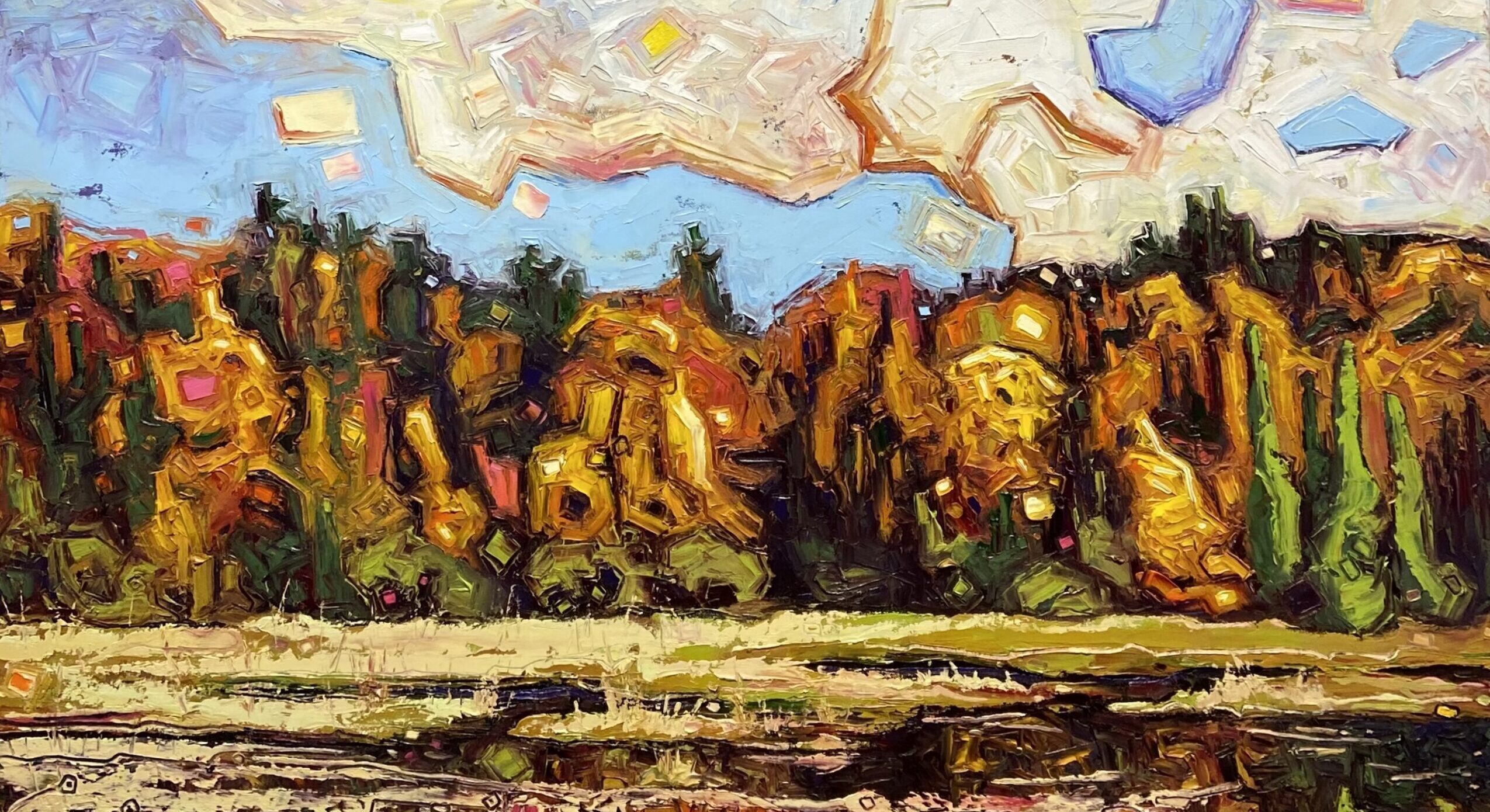 Impressionistic oil painting of an Ontario bog featuring pale blues, oranges, and ochres.
