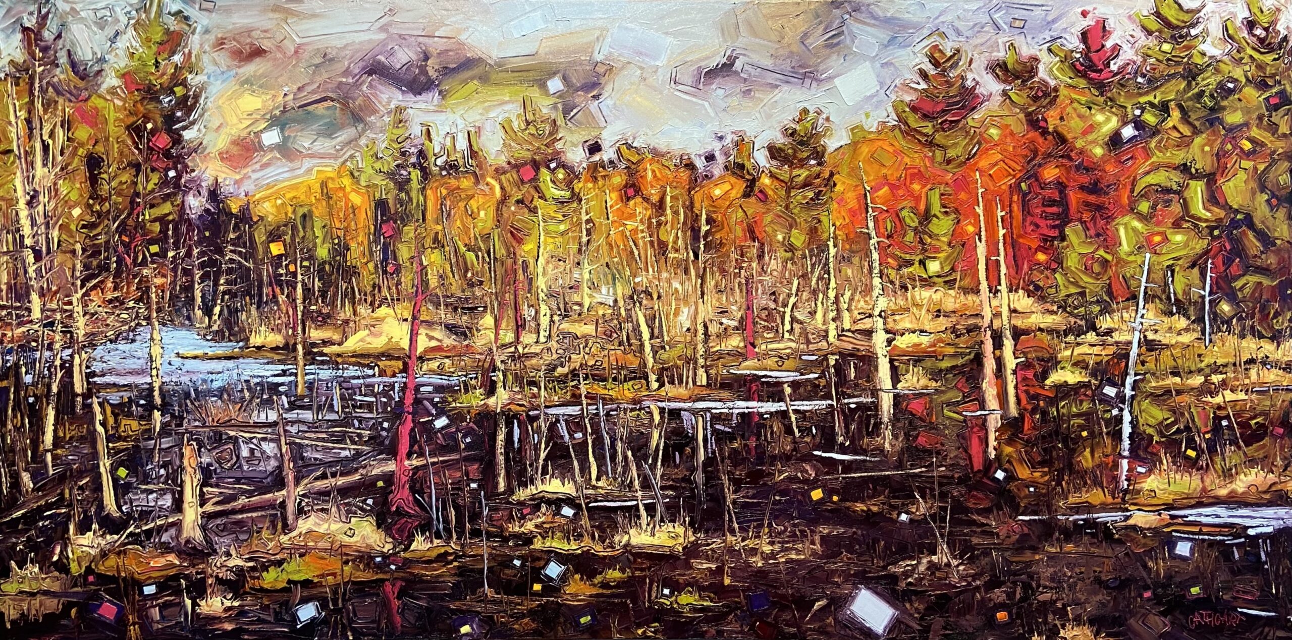Impressionistic oil painting of an Ontario bog in the fall featuring blues, oranges, and ochres.