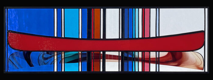 Modern stained glass piece by Lynn Chidwick of a red canoe with vertical lines.