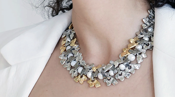 Pewter necklace by Anne-Marie Chagnon with freshwater pearls and chunky gold and silver flower petals.